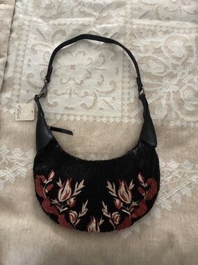 Free People Black Beaded Shoulder Bag with Red and Cream Floral Embroidery